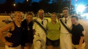 Fellow trumpeters united by Minnesota Brass: Bryan DeHerder, center left, and Keegan Greene of the Madison Scouts; and, from left, Mimmie Sjöberg, Marissa Moeller, Karissa Olson and Libby Witte of MBI.  